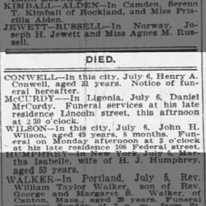 John H Wilson death notice 7/7/1901