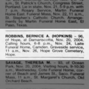 Bernice A. Robbins calling hours 11/20/2004