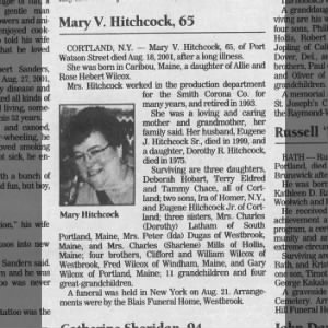 death obit Mary V WILCOX Hitchcock