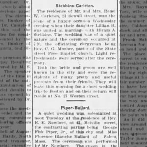 Lillian B. Carleton marries Hiram A. Stebbins